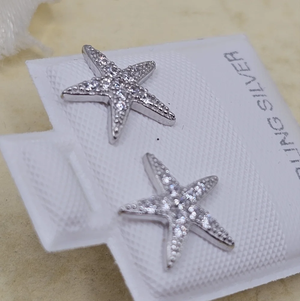 Sterling Silver 925 Rhodium Plated Sea Starfish Cubic Zirconia Stud Earrings
